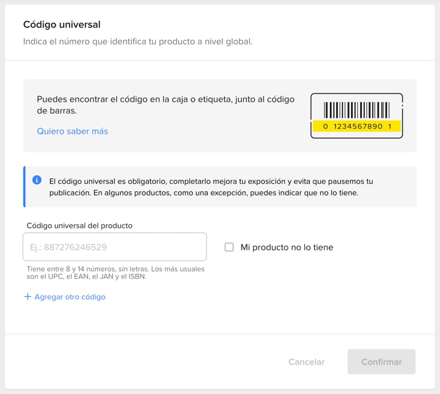 Sección de código universal de Mercado Libre