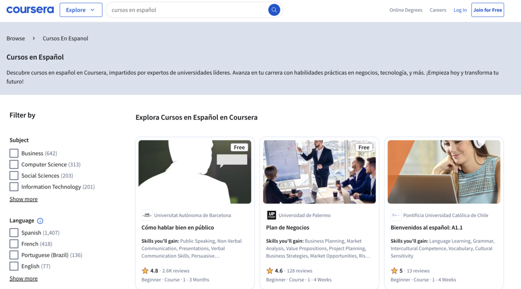 Sitio web de Coursera
