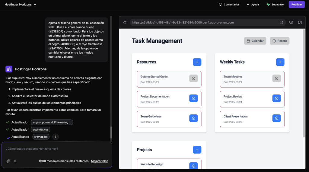 Ejemplo de uso de Hostinger Horizons