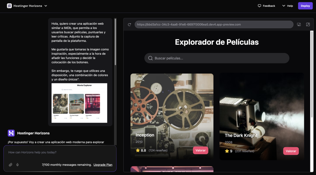 Ejemplo de explorador de films en Hostinger Horizons