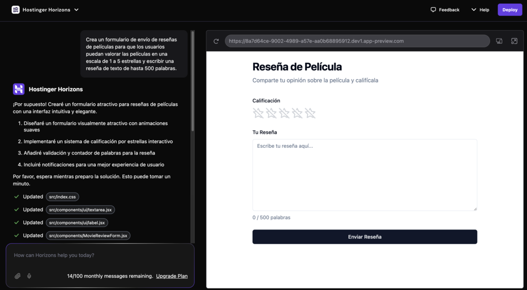 Ejemplo de app web en Hostinger Horizons