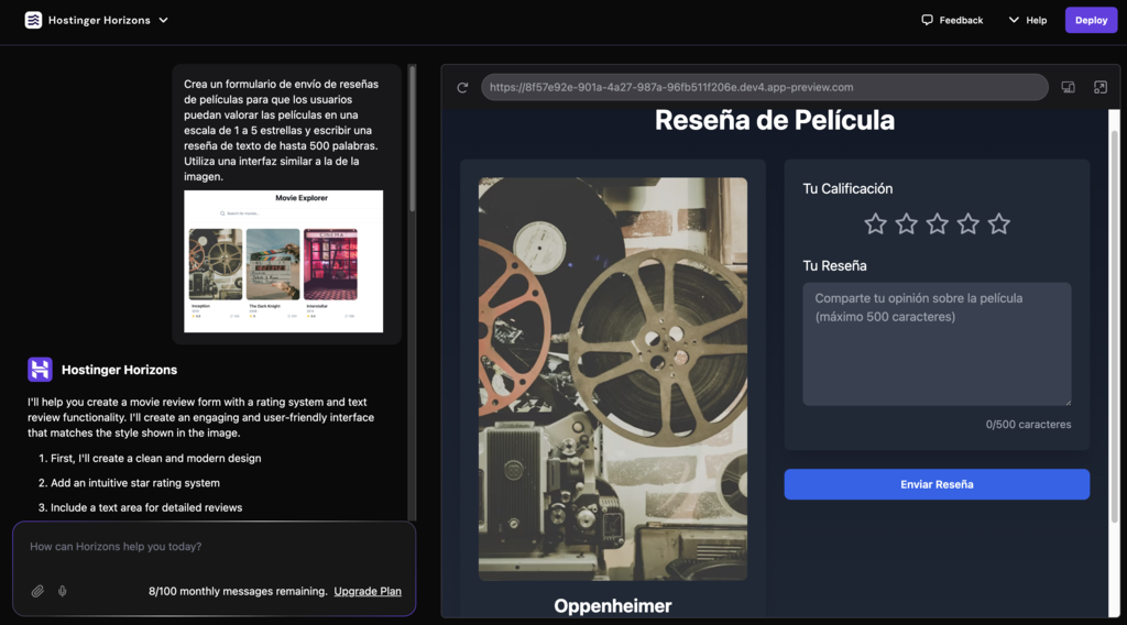 Ejemplo de app web de reseñas de películas en Horizons