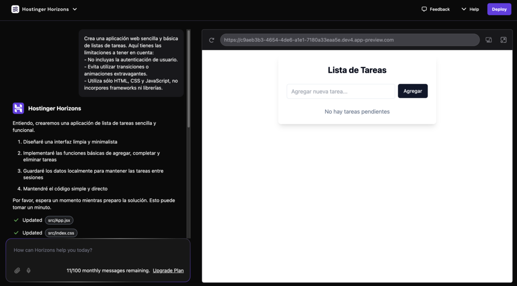 Ejemplo de app web de tareas en Hostinger Horizons