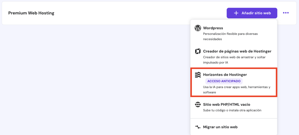 Opci&oacute;n de Hostinger Horizons en hPanel