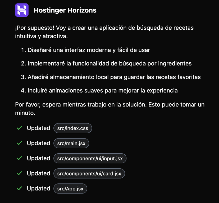 Panel izquierdo de Hostinger Horizons