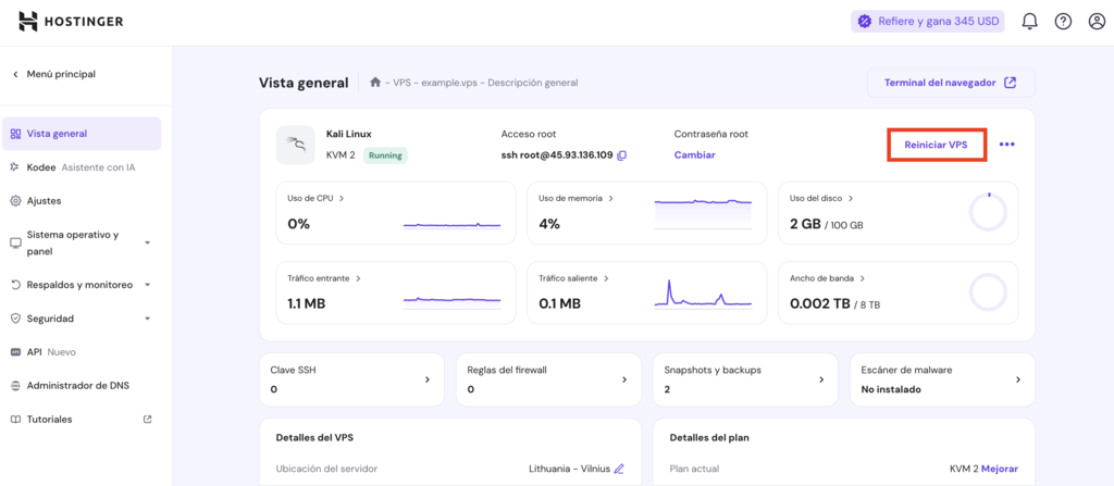 Opción de reiniciar VPS en hPanel