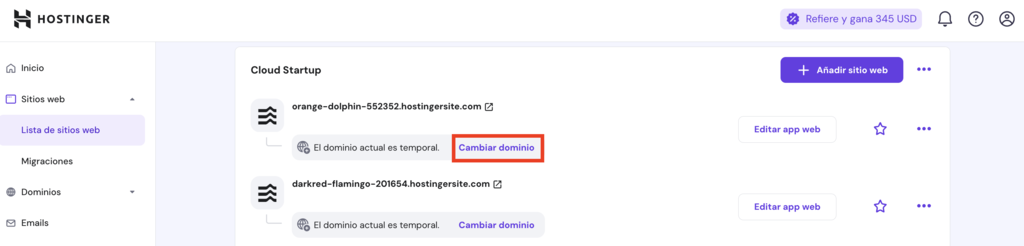 Lista de sitios web de hPanel