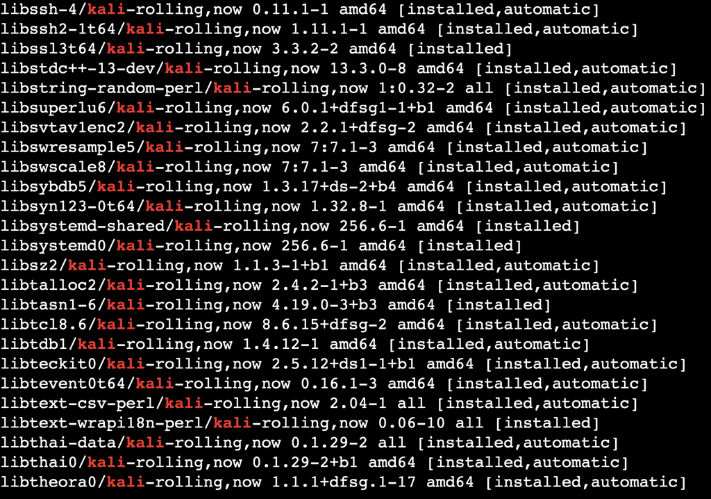 Uso de apt list --installed | grep kali en terminal
