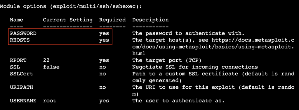 Uso de use exploit/multi/ssh/sshexec en el terminal Metasploit