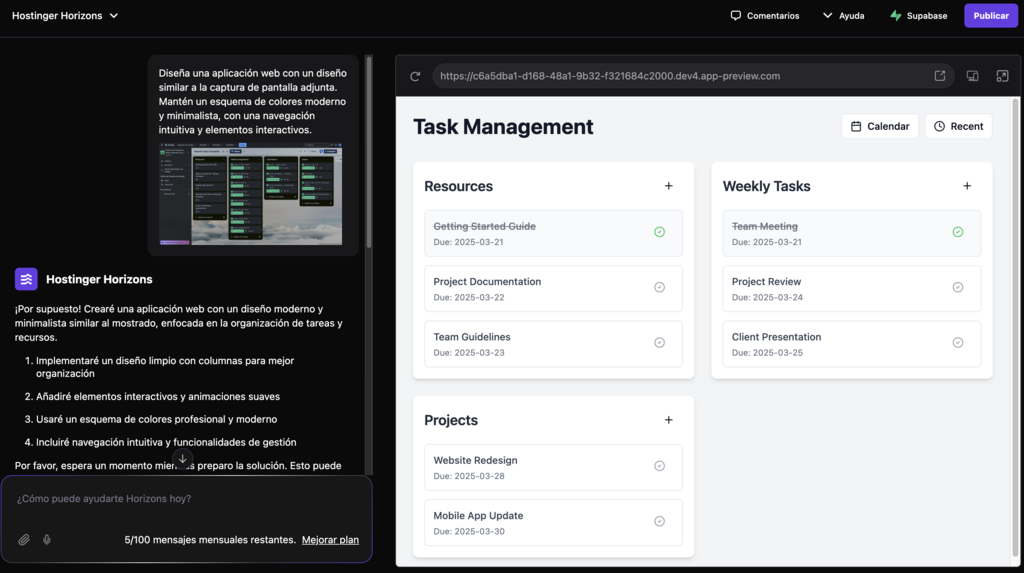 Ejemplo de uso de Hostinger Horizons