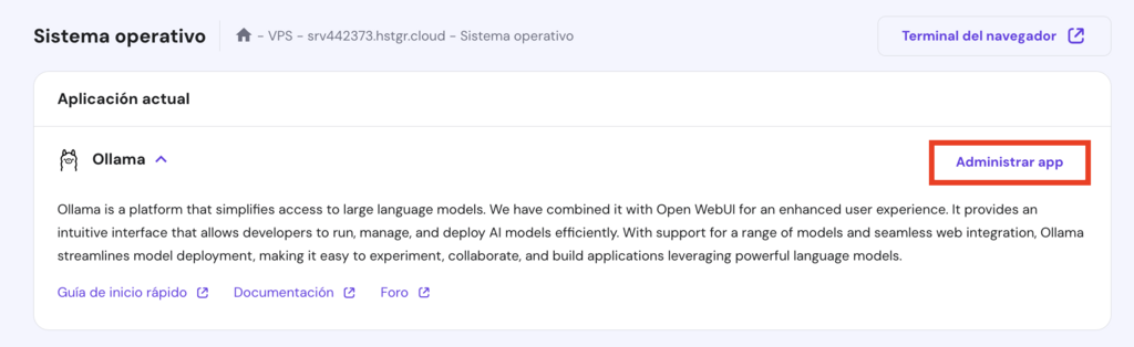 Botón de gestionar app en hPanel