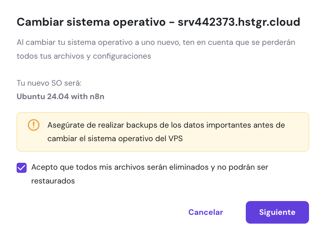 Cambio de sistema operativo del VPS en hPanel