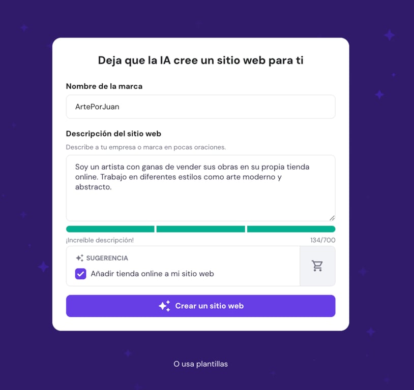 Asistente de creación web de Hostinger