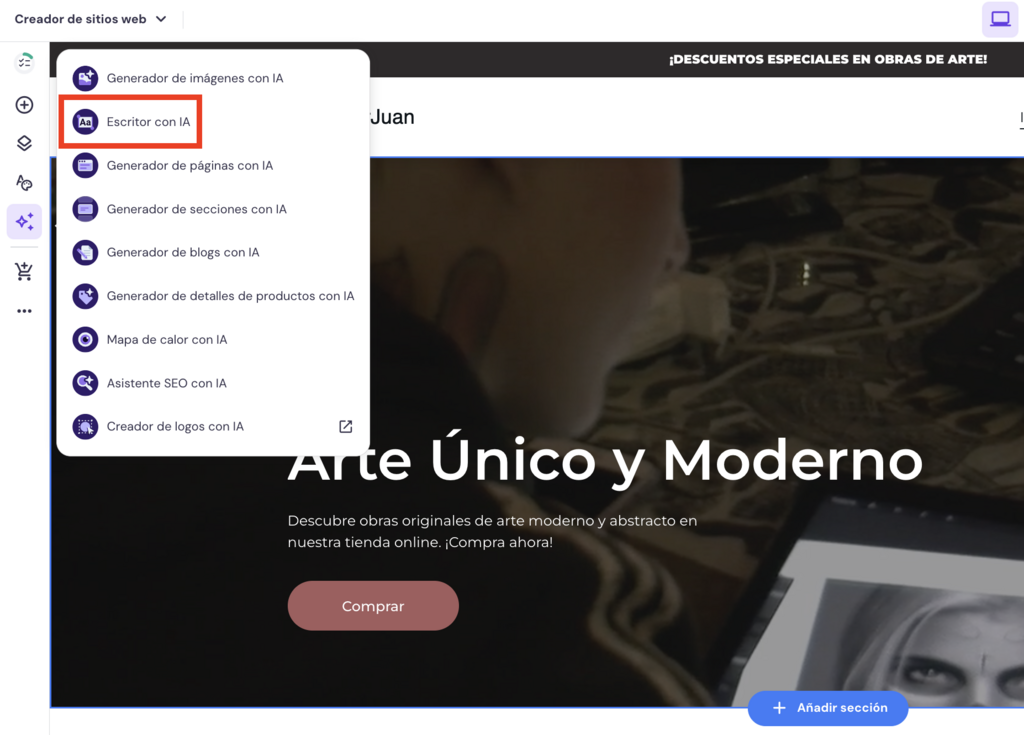 Menú de herramientas con IA de Hostinger