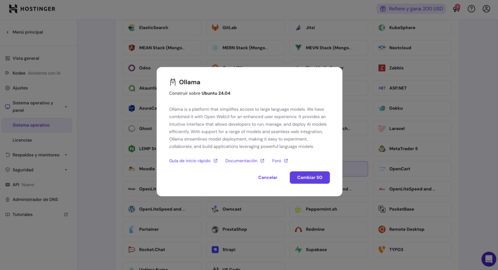 Seleccionar sistema operativo Ollama en hPanel