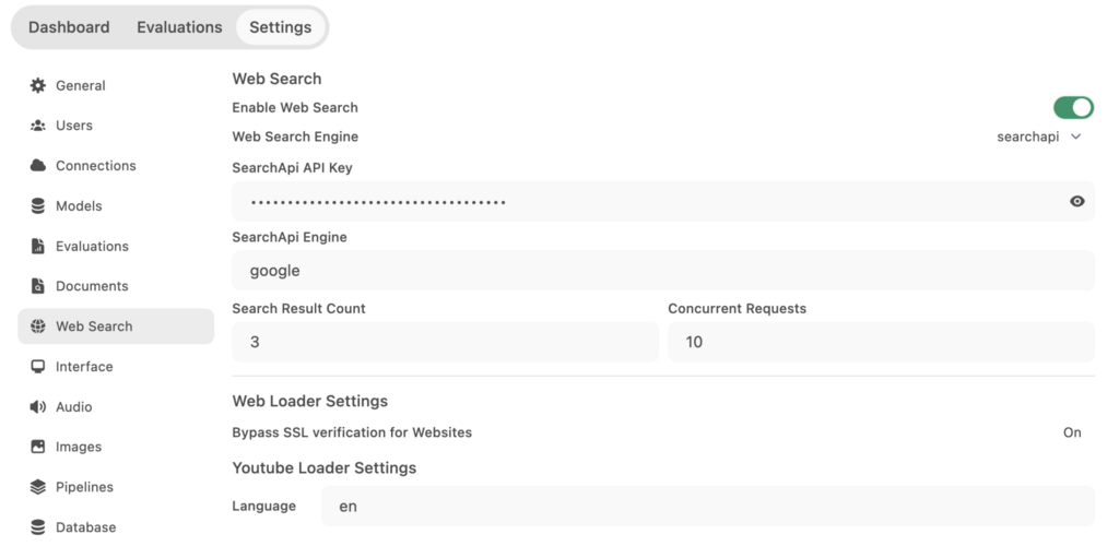 Panel de ajustes de WebUI
