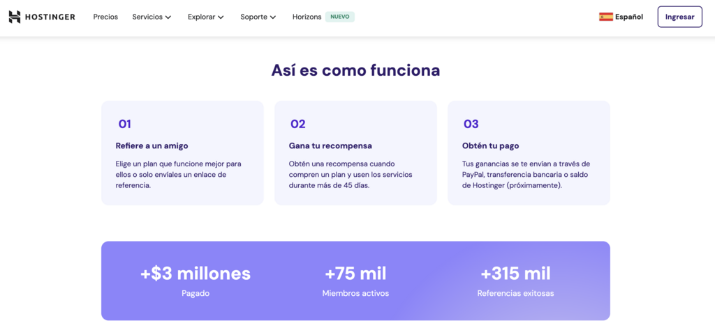 Programa de referidos de Hostinger