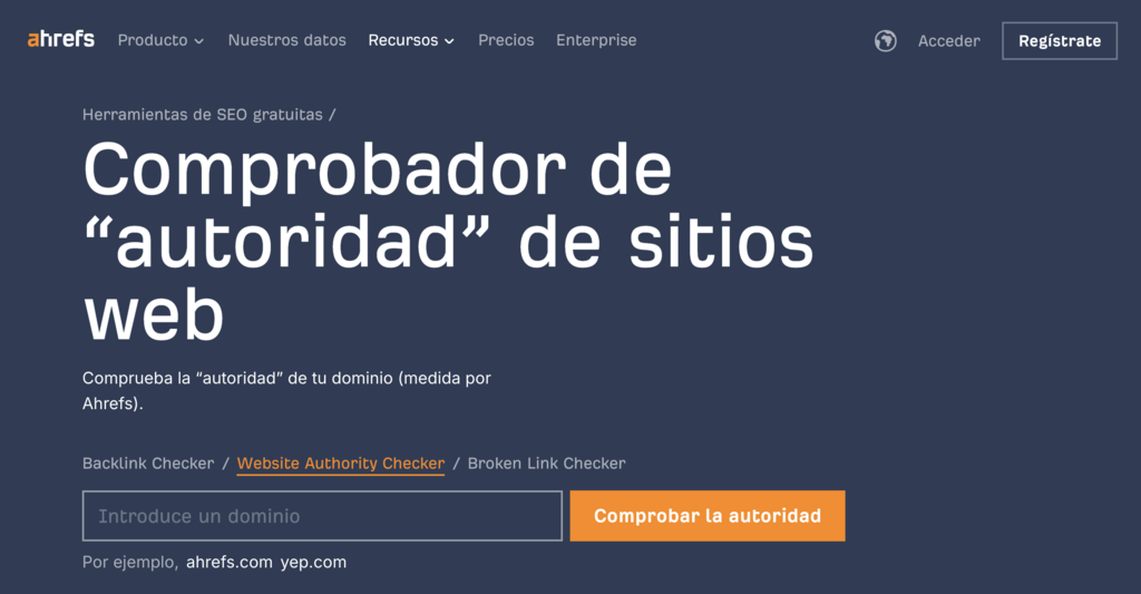 Página principal de la herramienta Ahrefs para verificar autoridad de sitio web