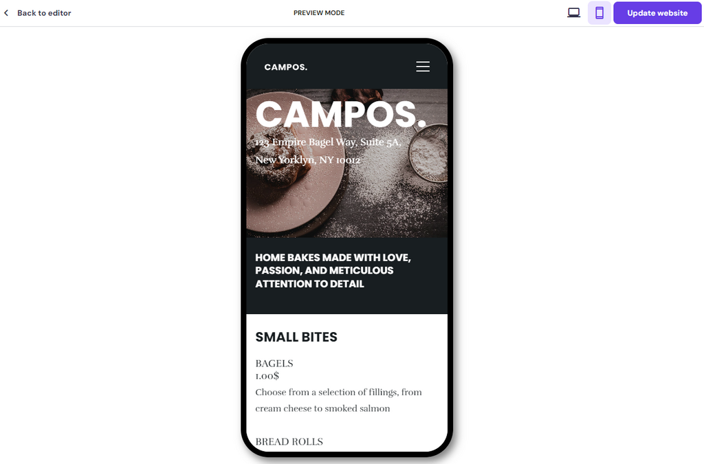 Vista previa móvil en el constructor de sitios Hostinger