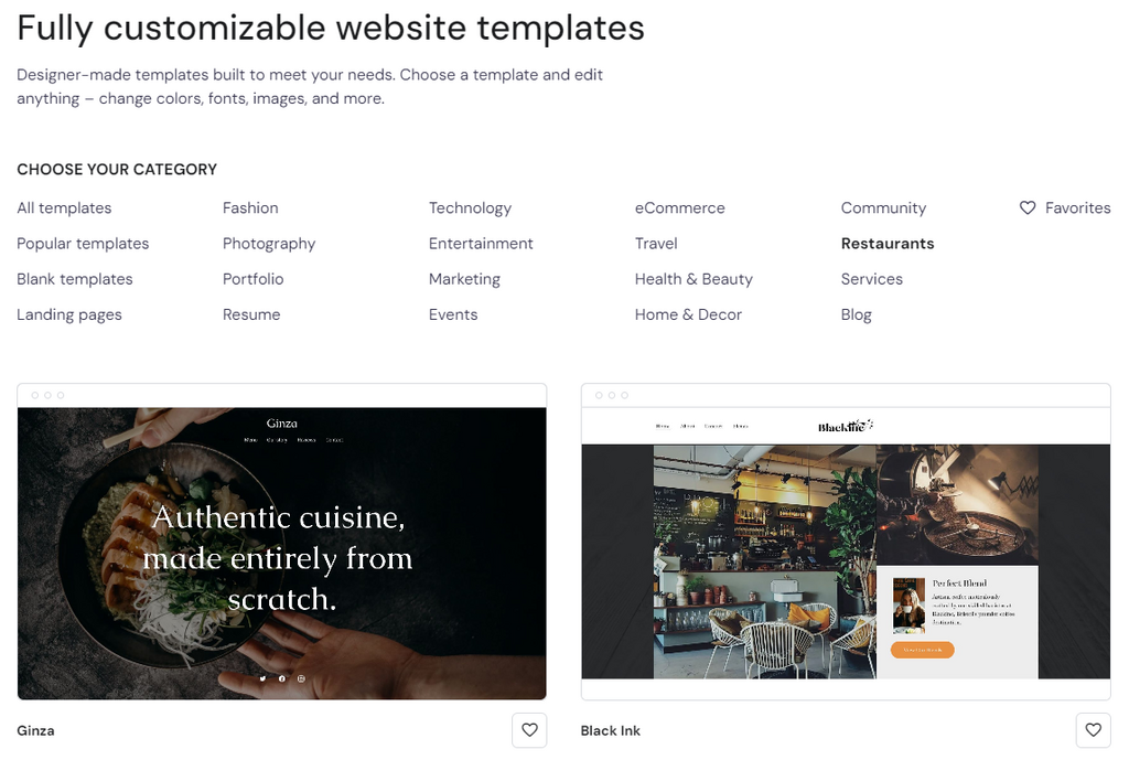 Plantillas para restaurantes en el constructor de sitios Hostinger