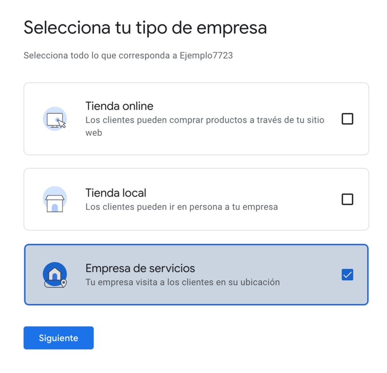 Página de configuración del perfil de negocio de Google para elegir tipo de negocio
