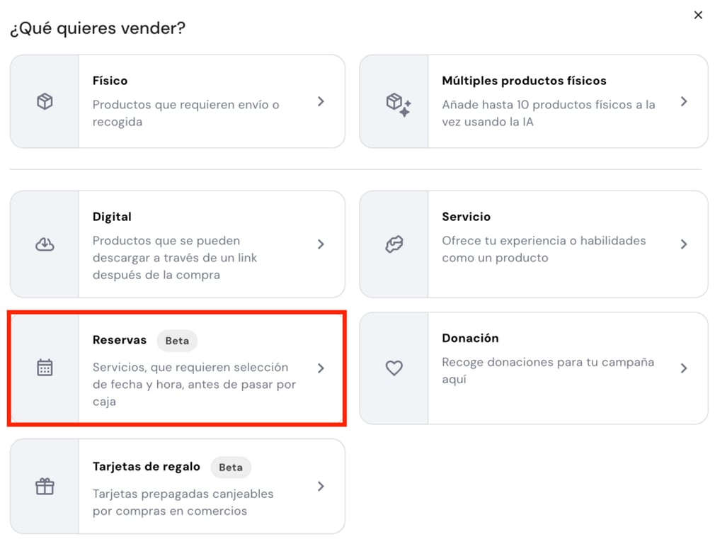 Elección de servicios/productos a vender en la tienda de HWB