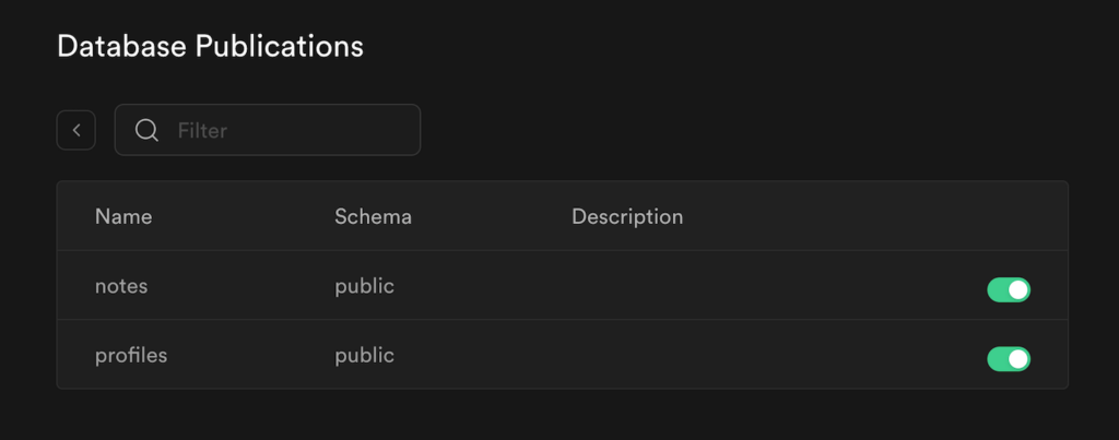 Alternar la replicaci&oacute;n de tablas de bases de datos en Supabase