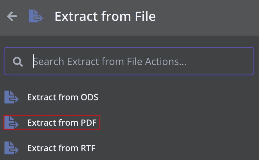 Lista de acciones de n8n con «Extraer de PDF» resaltado.