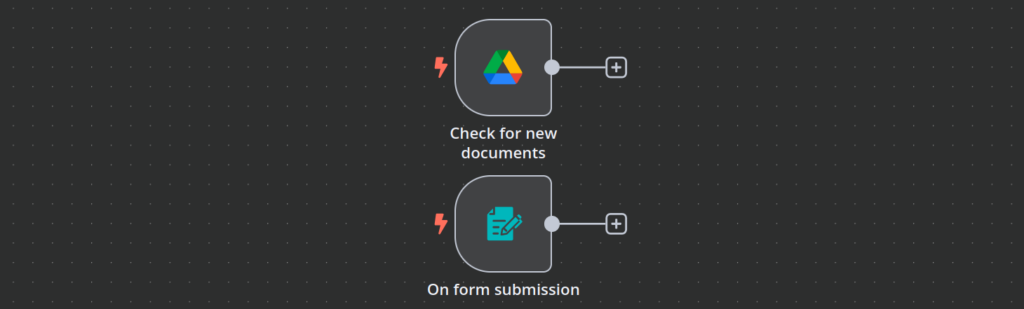 Lienzo de flujo de trabajo de n8n que muestra Google Drive y los nodos de activación al enviar el formulario.