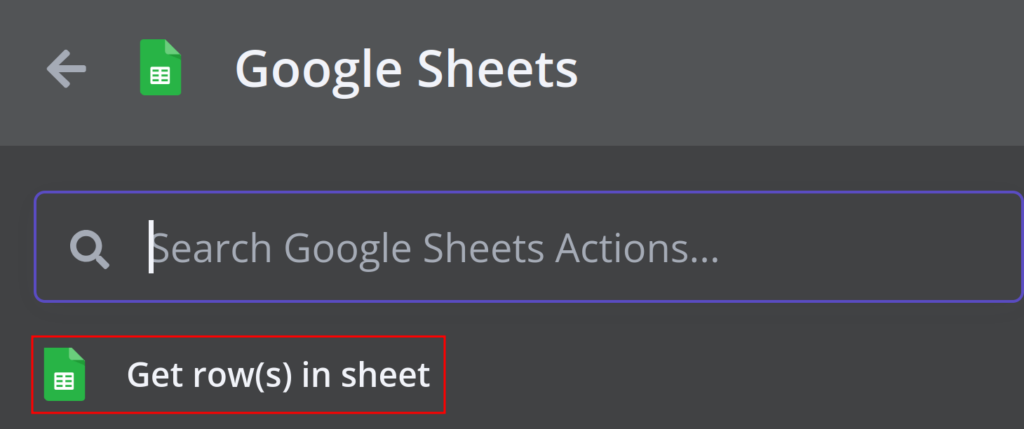 Menú de acciones de n8n que muestra las acciones de Google Sheets con «Obtener filas de la hoja» resaltado.