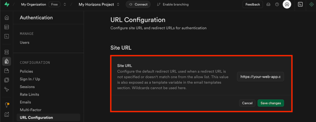 Configuraci&oacute;n de la URL del sitio en Supabase