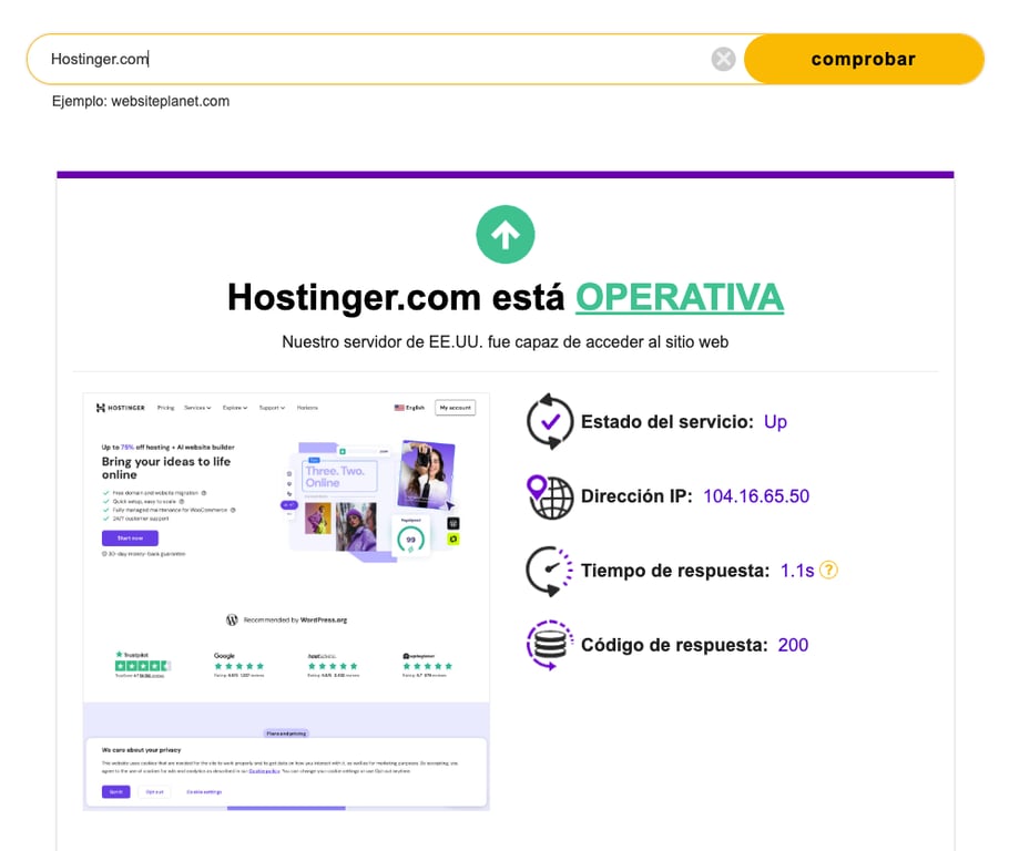 Ejemplo de sitio web online en Website Planet