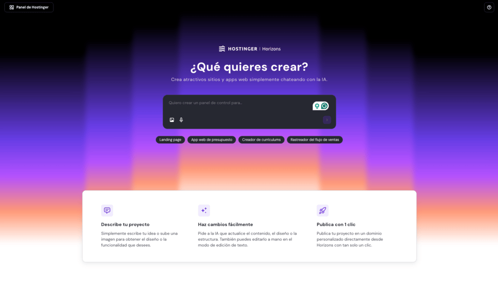 Captura de pantalla de la landing page de Hostinger Horizons