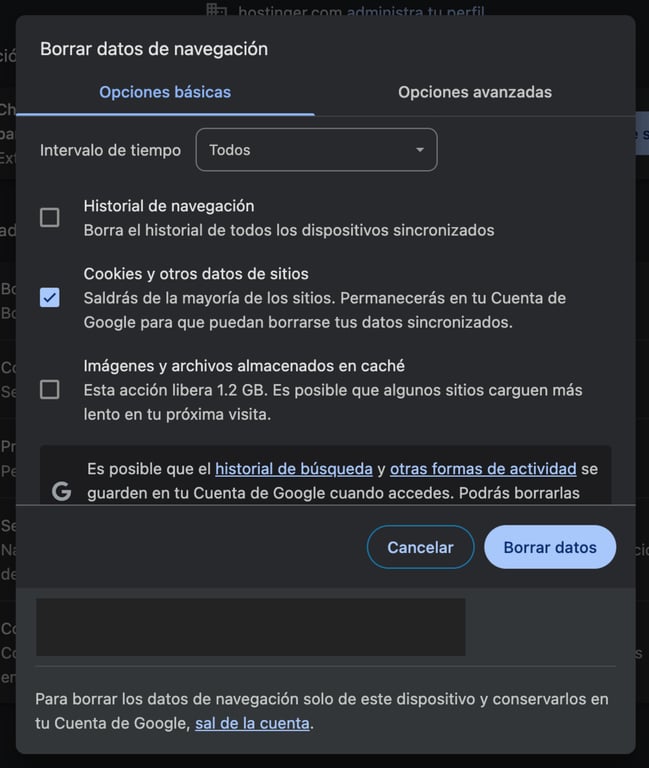 Ventana para Borrar datos de navegación de Chrome