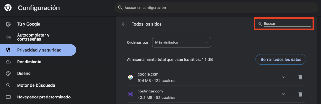 Opción de buscar cookies en Google Chrome