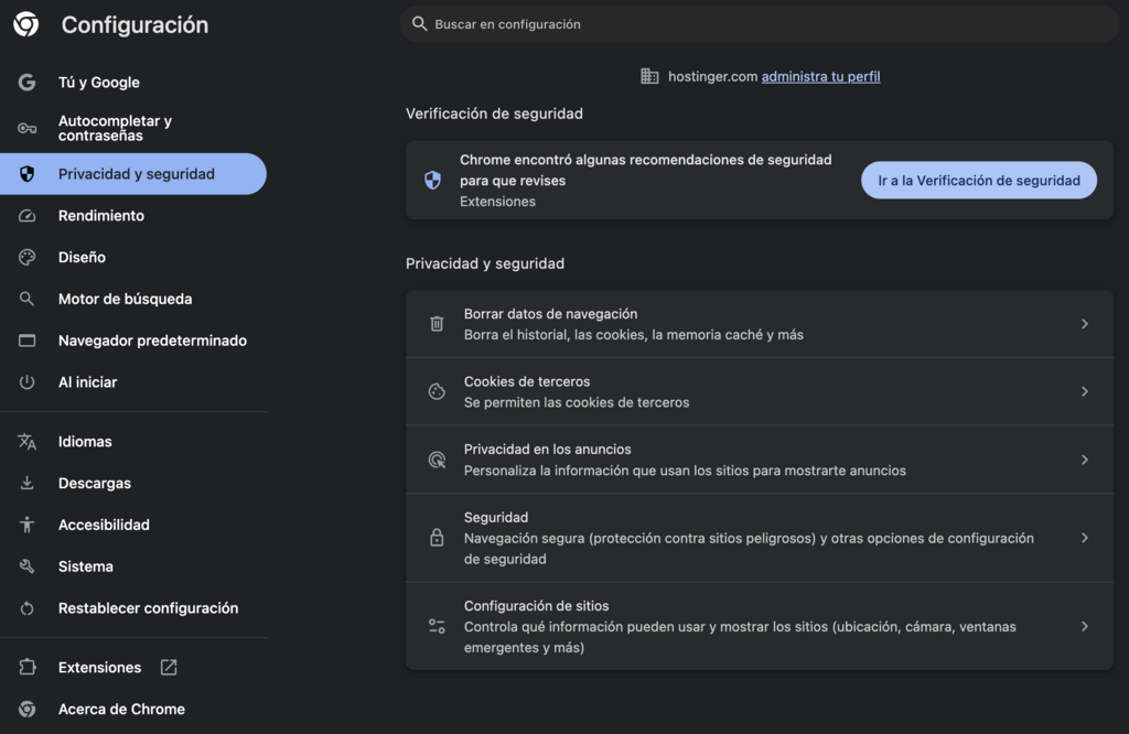 Sección de privacidad y seguridad de Chrome