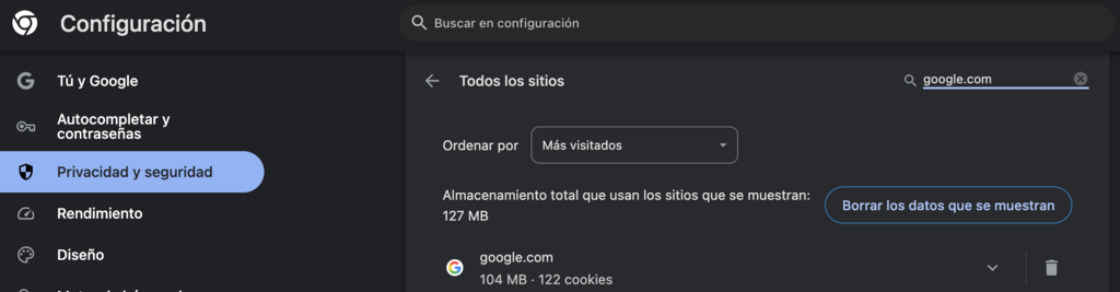 Ejemplo de sitio web y sus cookies en Chrome