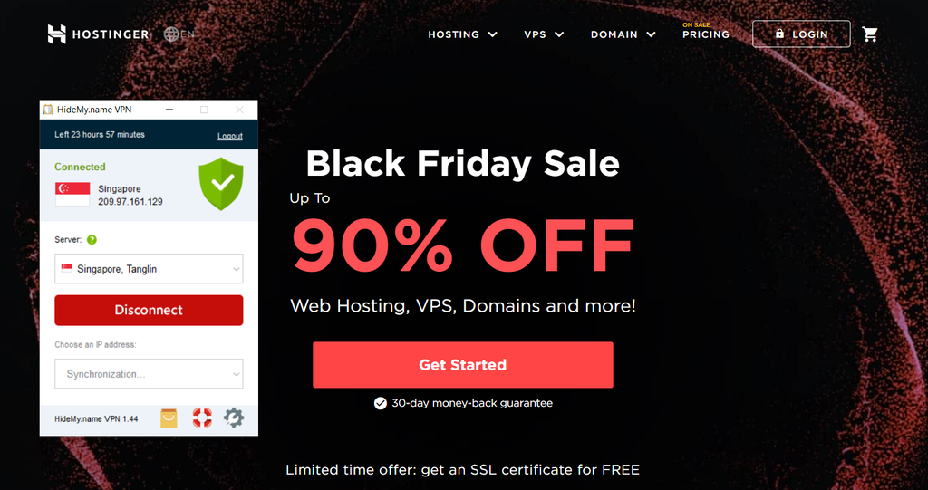 Resultados de la prueba del servidor VPN de Hostinger en Singapur utilizando Hide My Name.