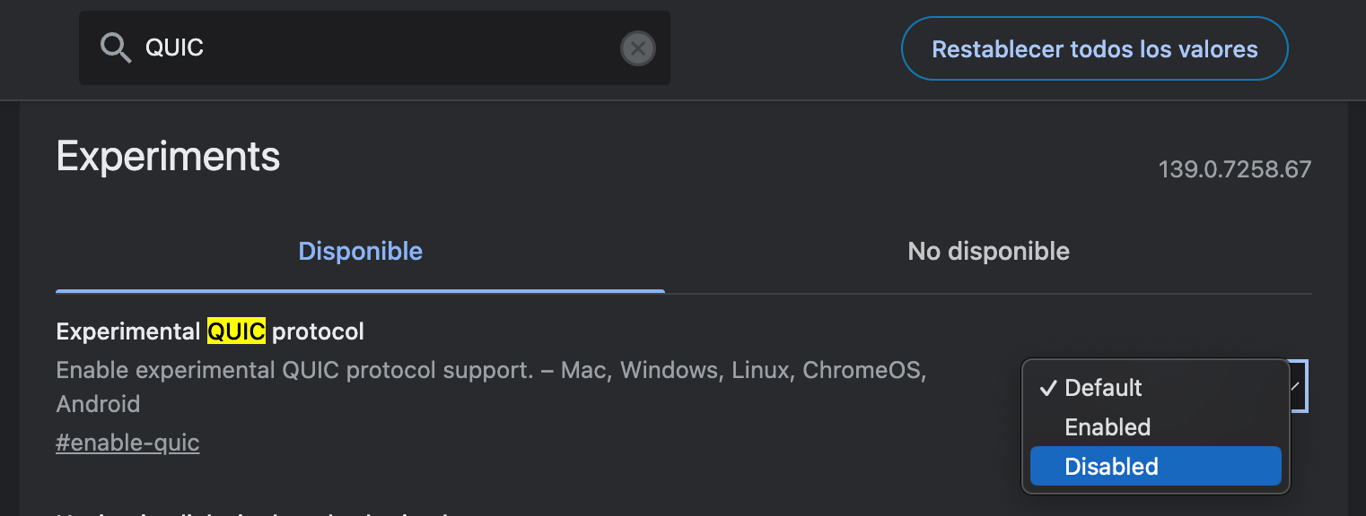 Resultado de búsqueda de chrome://flags