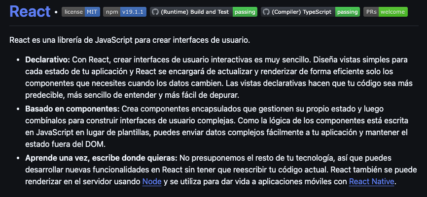 Descripci&oacute;n del repositorio de GitHub React