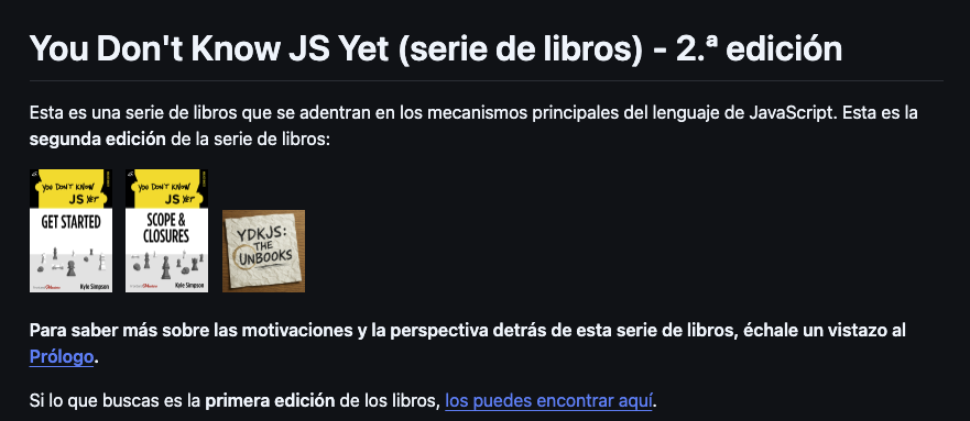 Captura de pantalla de la descripci&oacute;n del repositorio de GitHub You-Dont-Know-JS