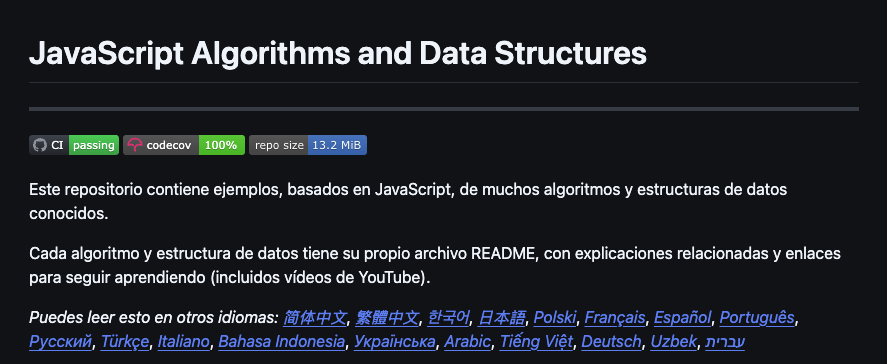 Captura de pantalla de la descripci&oacute;n del repositorio de GitHub javascript-algorithms
