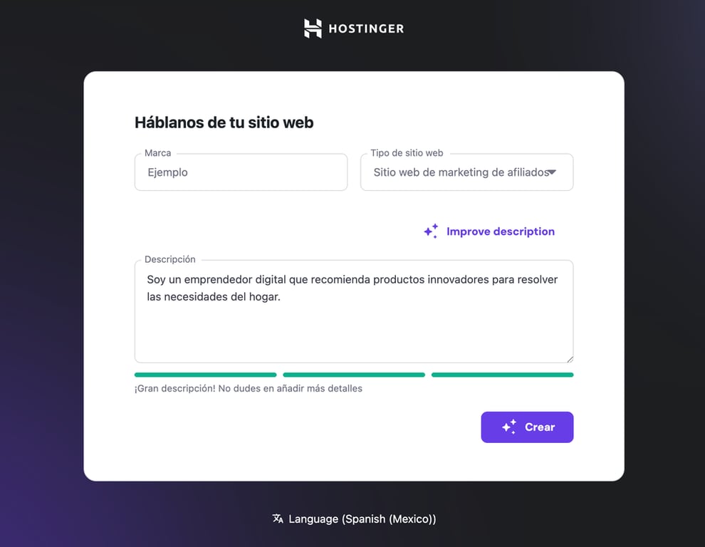 Asistente de creación web de Hostinger