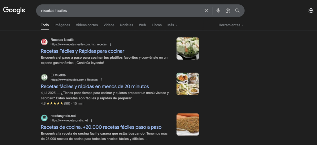 Ejemplo de b&uacute;squeda de palabra clave en Google