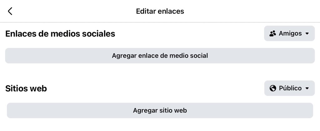 Sección de editar enlaces de Facebook