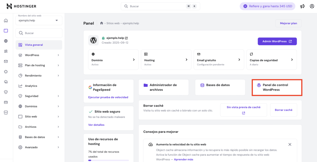 Panel de control hPanel