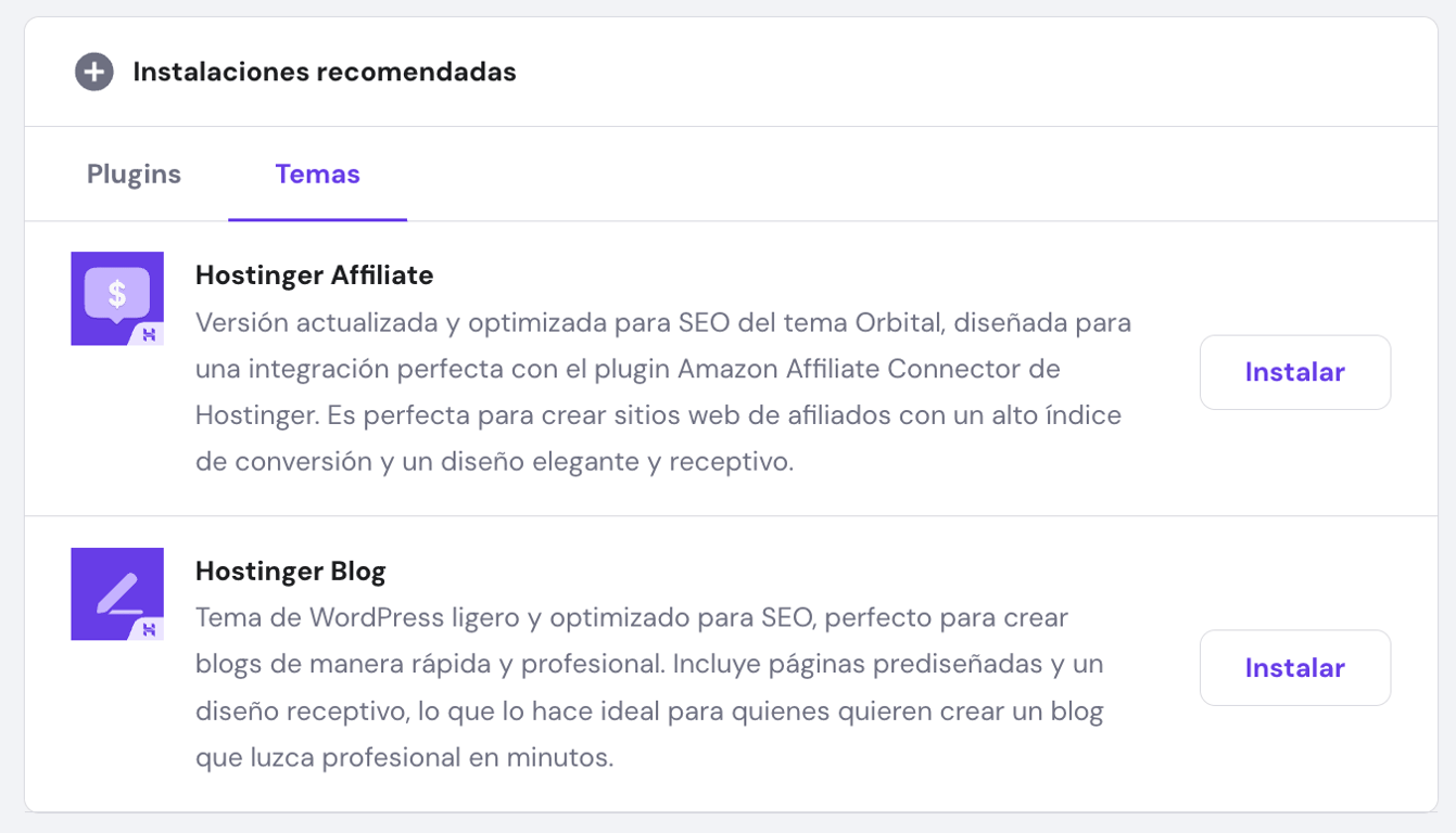 Instalaciones recomendadas de hPanel