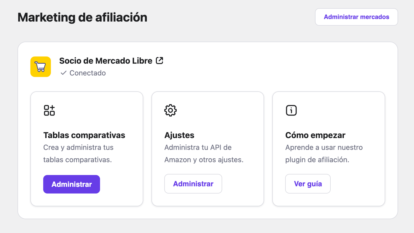 Sección de marketing de afiliación de Mercado Libre en WordPress