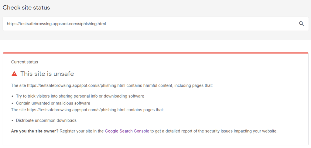 Captura de Check site status mostrando un sitio peligroso