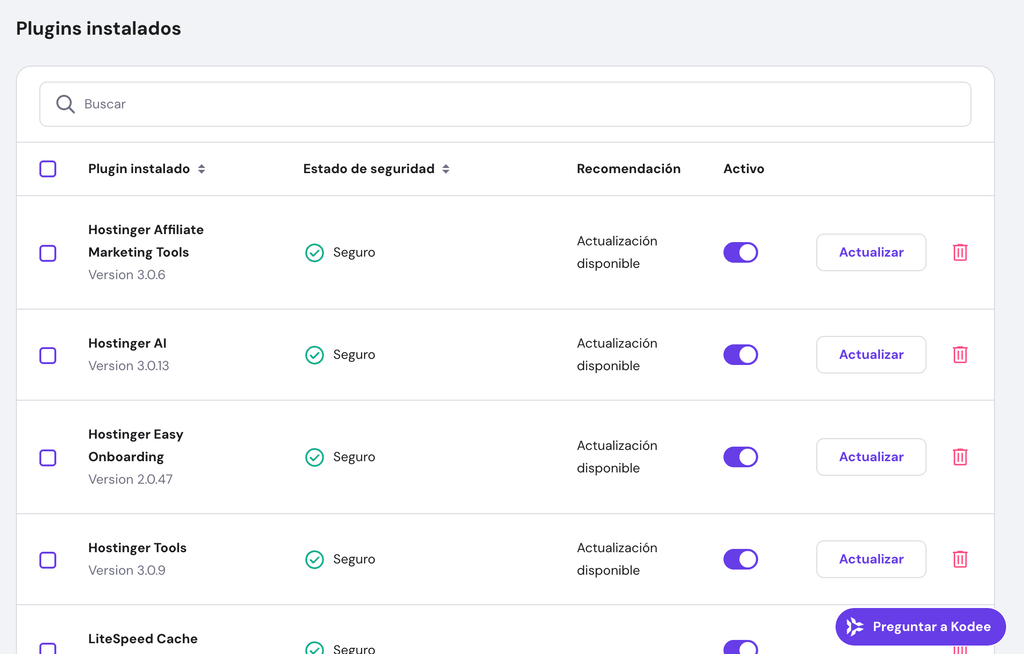 Plugins instalados en hPanel